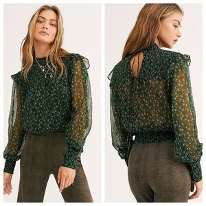 Free People Roma Forrest Green Floral Smocked Mock Nwck Tie Back Blouse Size M